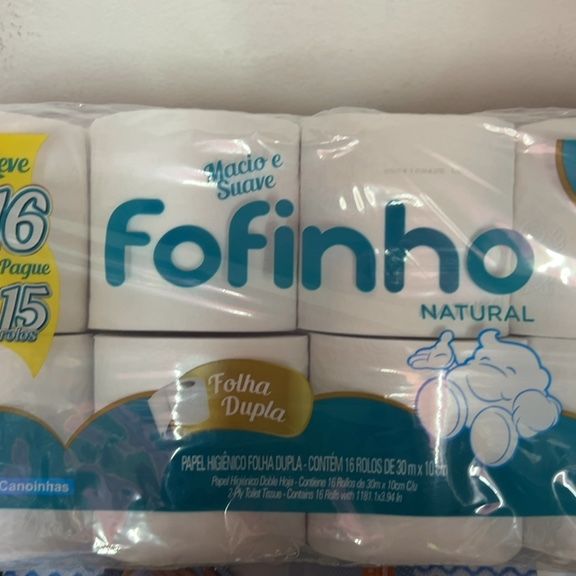 PAPEL HIGIÊNICO FOLHA DUPLA FOFINHO MACIO E SUAVE CONTÉM 16 ROLOS DE 30m X 10cm